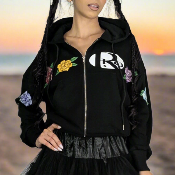 CROPPED ZIP HOODIE • BLACK ROSES