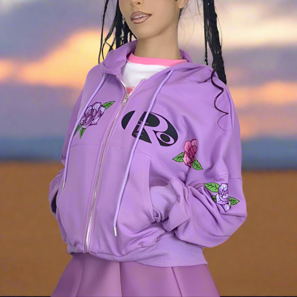 CROPPED ZIP HOODIE • PURPLE ROSES
